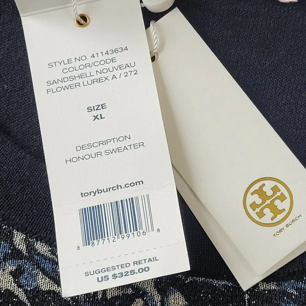 ✅ NWT Tory Burch black gold HONOUR METALLIC-PRINT JACQUARD & KNIT SWEATER XL